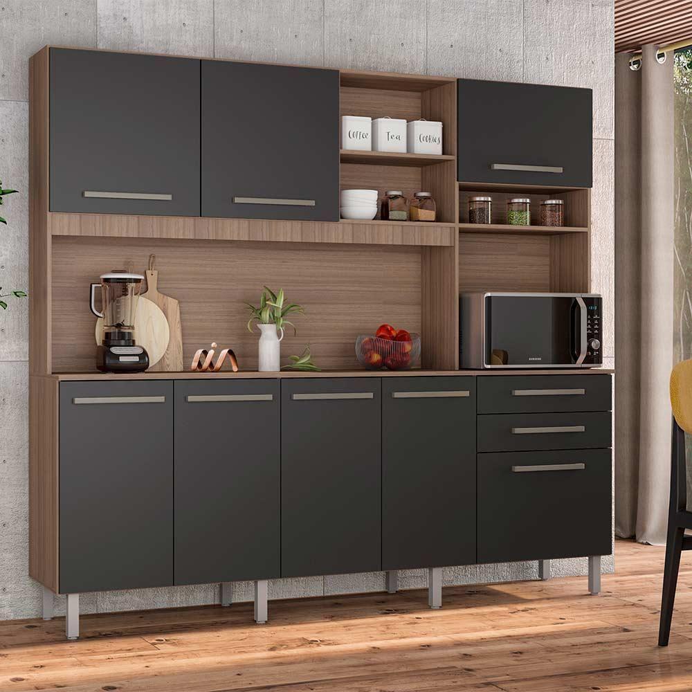 Cozinha Completa Armário E Balcão C- Pés Reguláveis 8 Portas Mel Grafite - 2