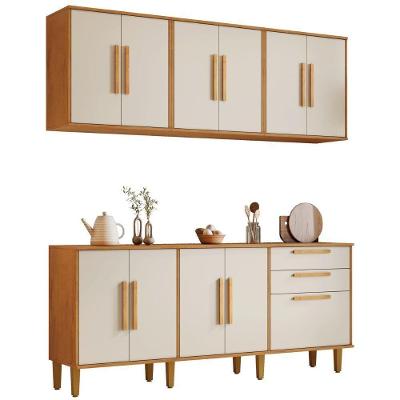 Conjunto Armário Aéreo E Balcão Lorena 11 Portas 2 Gavetas Nature Off Kaiki Móveis
