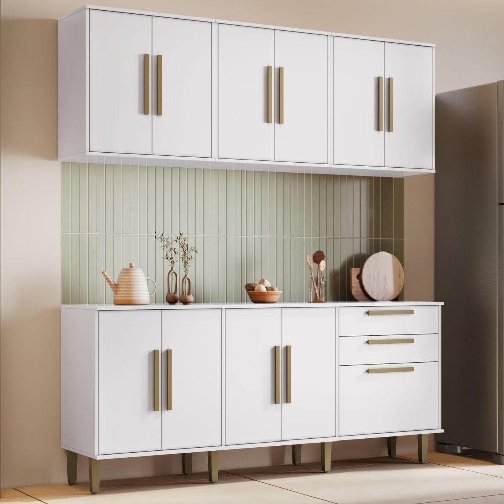 Conjunto Armário Aéreo E Balcão Lorena 11 Portas 2 Gavetas Branco Kaiki Móveis - 2