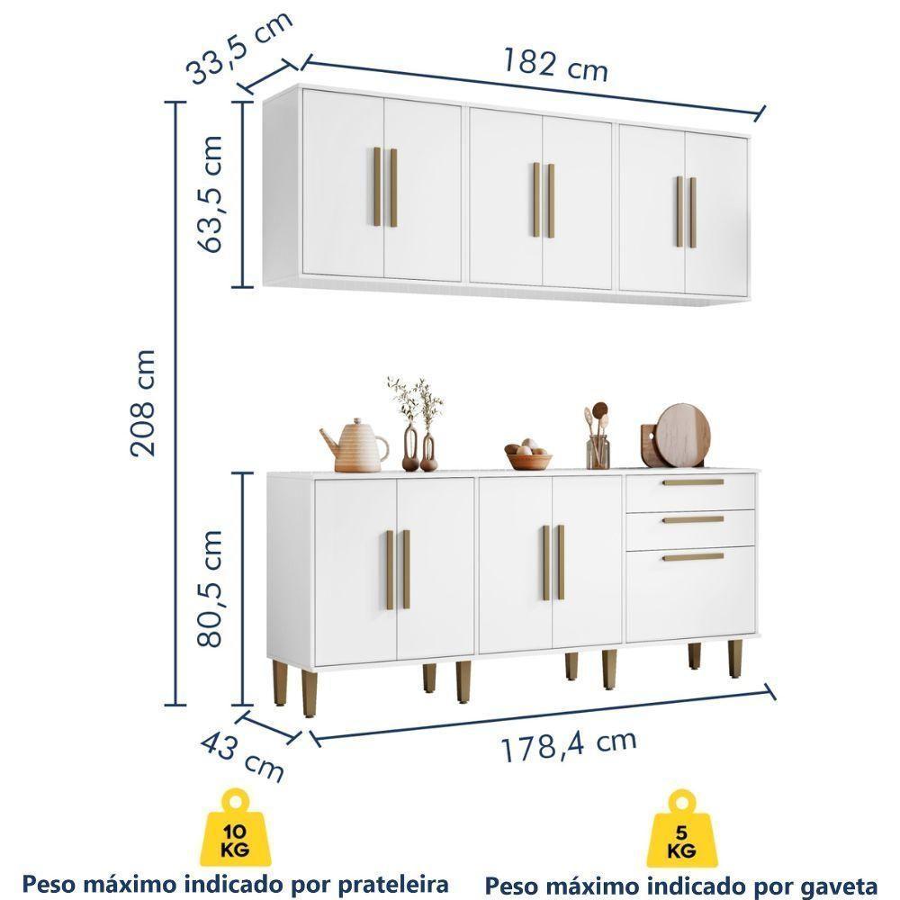 Conjunto Armário Aéreo E Balcão Lorena 11 Portas 2 Gavetas Branco Kaiki Móveis - 3