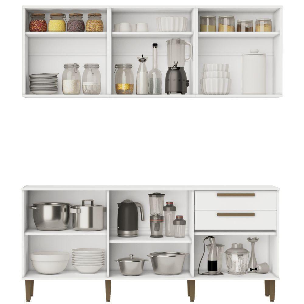 Conjunto Armário Aéreo E Balcão Lorena 11 Portas 2 Gavetas Branco Kaiki Móveis - 4