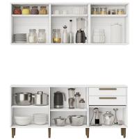 Conjunto Armário Aéreo E Balcão Lorena 11 Portas 2 Gavetas Branco Kaiki Móveis