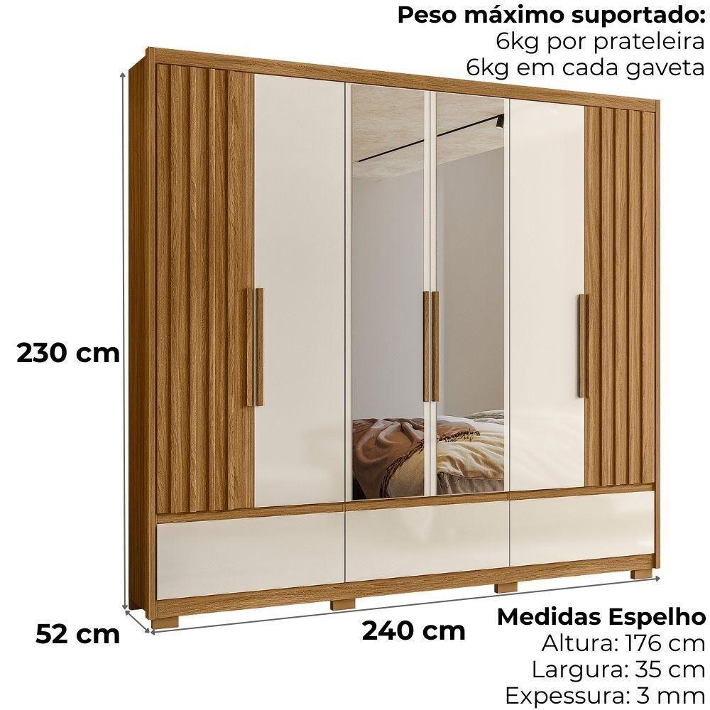 Guarda Roupa Casal Espelho 6 Portas 240 Cm Amazonas Freijo Off White Moval - 3