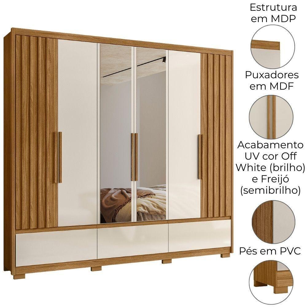 Guarda Roupa Casal Espelho 6 Portas 240 Cm Amazonas Freijo Off White Moval - 4