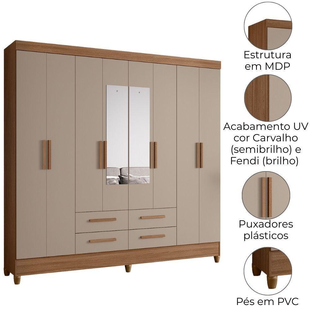 Guarda Roupa Casal Espelho 8 Portas 204 Cm Florida Carvalho Fendi Moval - 4