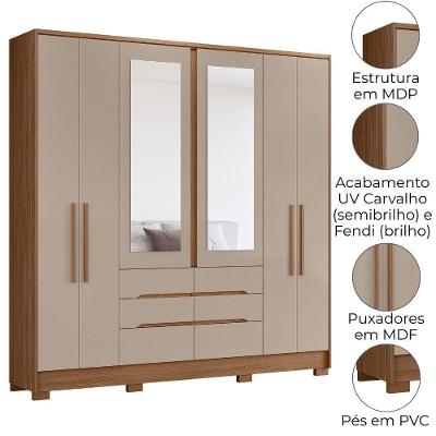 Guarda Roupa Casal San Francisco 6 Portas Bater Carvalho Fendi