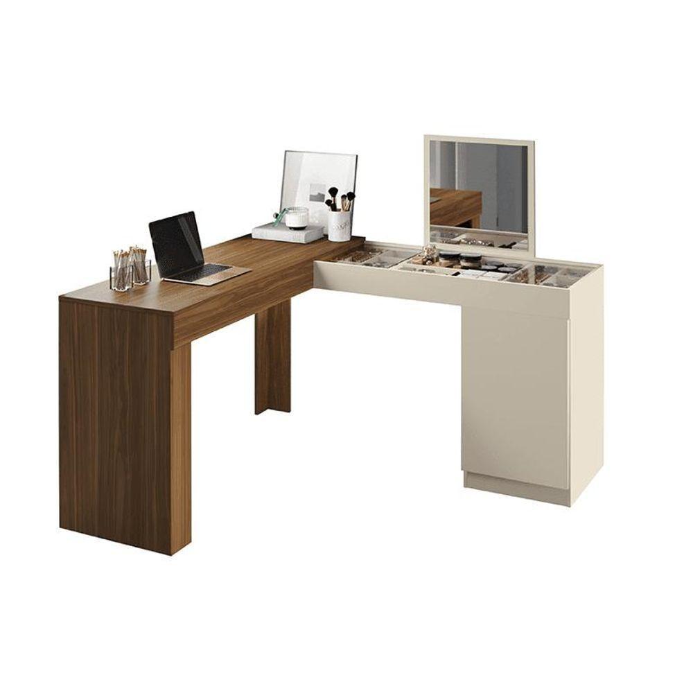 Escrivaninha Penteadeira Canto Star Com Painel Fixo Espelho E Colmeia Separatória Design Moderno - Freijo Off White - 2