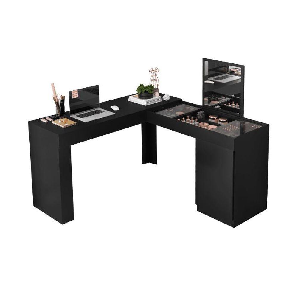 Escrivaninha Penteadeira Canto Star Com Nichos E Painel Com Espelho Fixo E Vidro De Correr Design Moderno Preto Fosco - 2