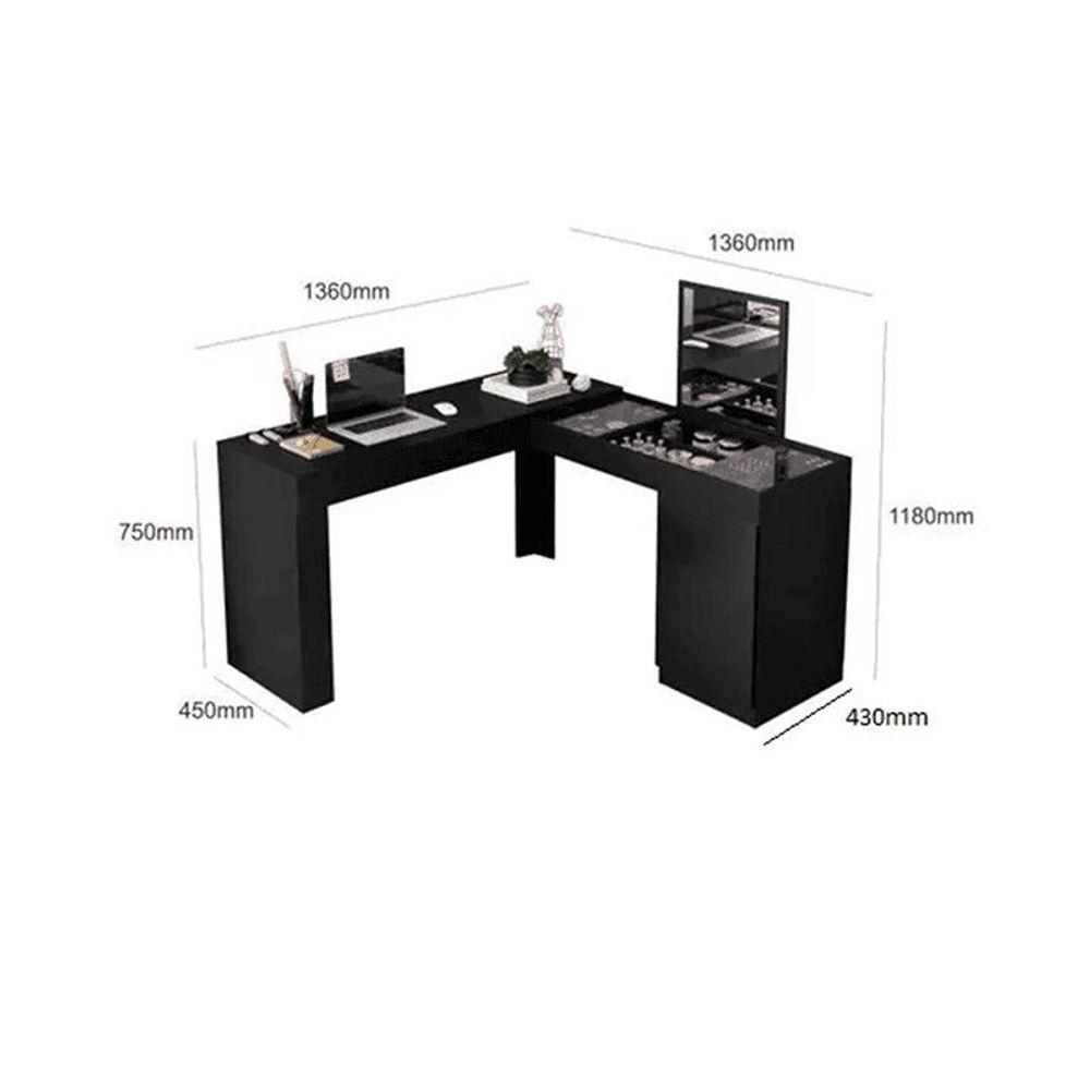 Escrivaninha Penteadeira Canto Star Com Nichos E Painel Com Espelho Fixo E Vidro De Correr Design Moderno Preto Fosco - 4