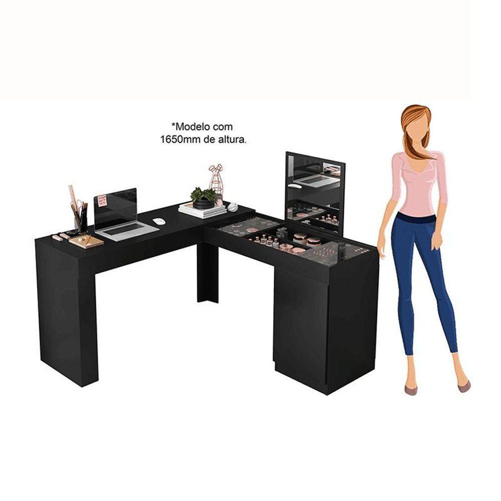 Escrivaninha Penteadeira Canto Star Com Nichos E Painel Com Espelho Fixo E Vidro De Correr Design Moderno Preto Fosco - 5