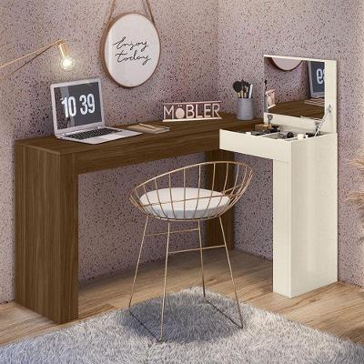 Escrivaninha De Canto Com Penteadeira Jade Com Nicho Espelho Porta Basculante Design Moderno - Freijo Off White