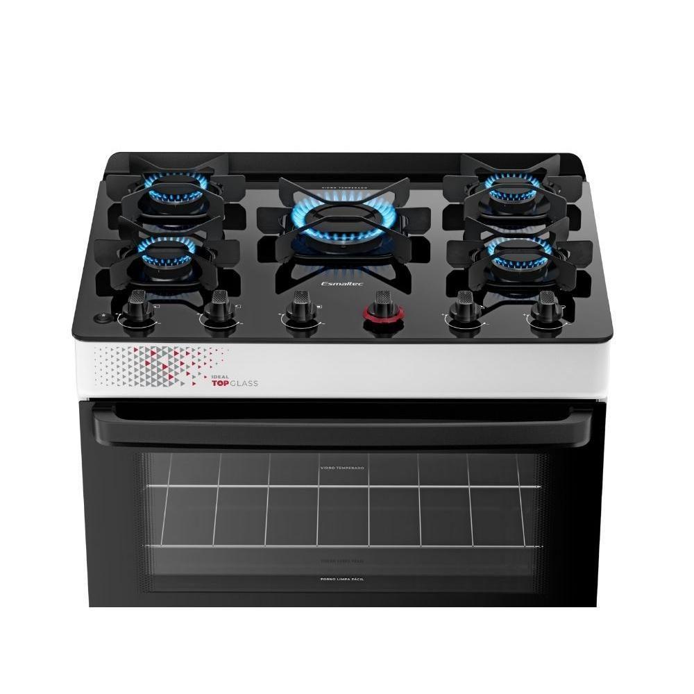 Fogão Esmaltec 5 Bocas Ideal Top Glass Mesa De Vidro Forno 84 Litros Branco T5VAB Bivolt - 5