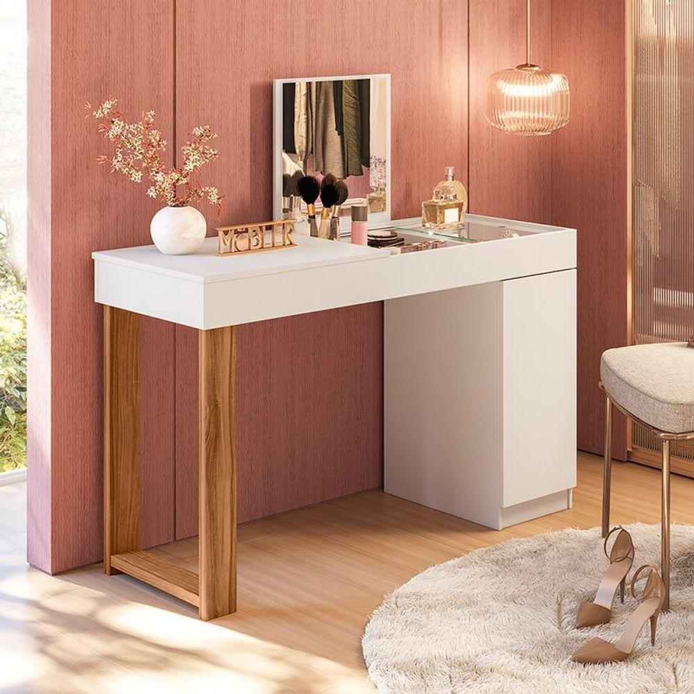 Escrivaninha Penteadeira Love Vidro De Correr Espelho Prateleira E Nicho Design Moderno - Branco Cinamomo Mel - 1