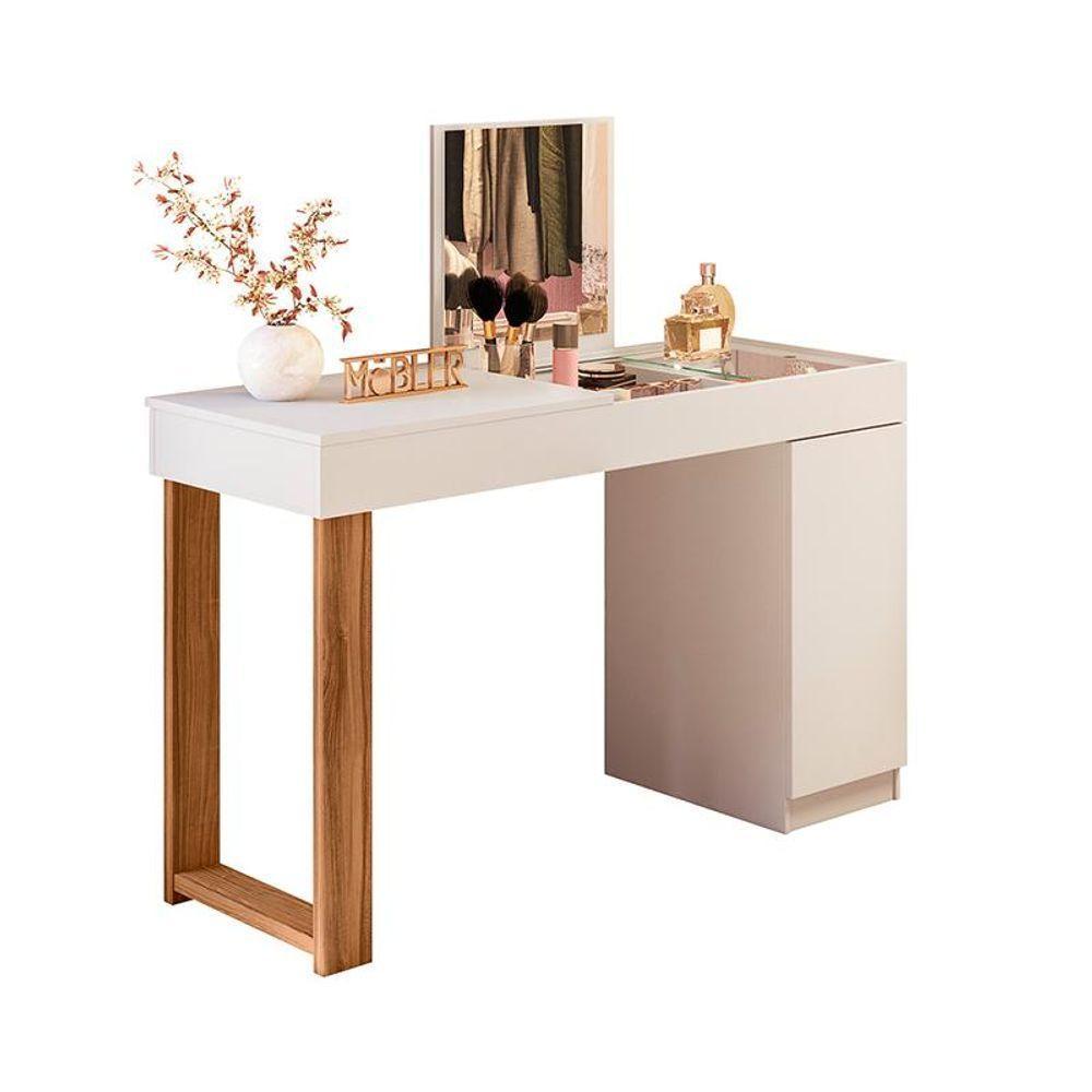 Escrivaninha Penteadeira Love Vidro De Correr Espelho Prateleira E Nicho Design Moderno - Branco Cinamomo Mel - 2