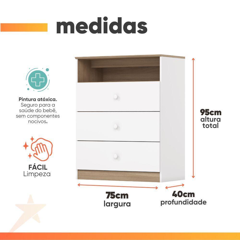 Cômoda 3 Gavetas Magia Henn Branco / Madeirado - 3