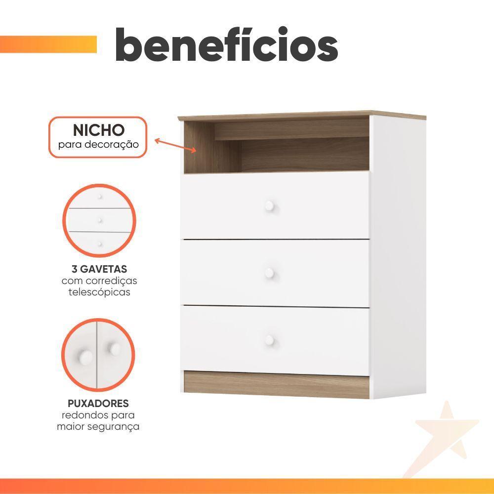 Cômoda 3 Gavetas Magia Henn Branco / Madeirado - 4