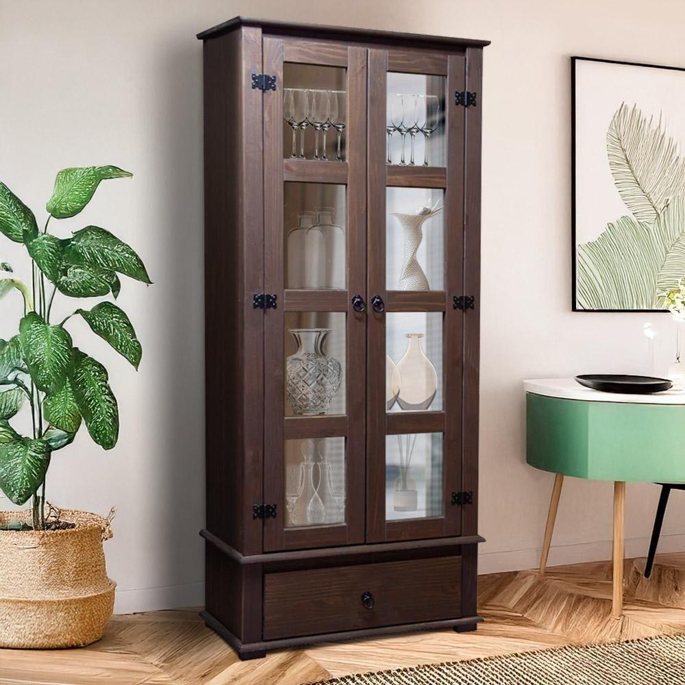 Cristaleira Rústica Madeira Maciça Com 2 Portas De Vidro Imbuia - 1