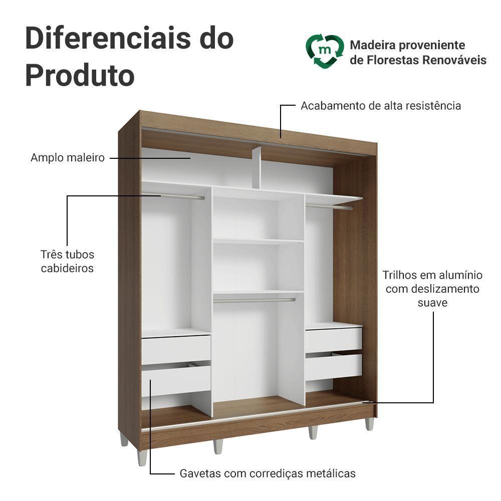Guarda-roupa Casal Com Pés 3 Portas De Correr Com Espelho Rustic Preto Reno Madesa - 4