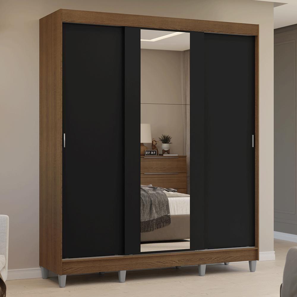 Guarda-roupa Casal Com Pés 3 Portas De Correr Com Espelho Rustic Preto Reno Madesa - 10