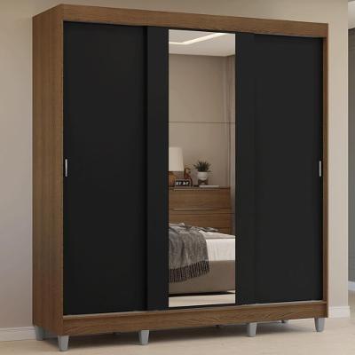 Guarda-roupa Casal Com Pés 3 Portas De Correr Com Espelho Rustic Preto Reno Madesa