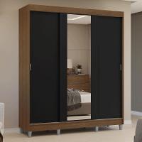Guarda-roupa Casal Com Pés 3 Portas De Correr Com Espelho Rustic Preto Reno Madesa - 10
