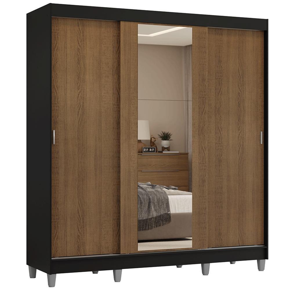 Guarda-roupa Casal Com Pés 3 Portas De Correr Com Espelho Preto Rustic Reno Madesa - 4