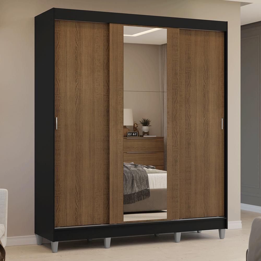 Guarda-roupa Casal Com Pés 3 Portas De Correr Com Espelho Preto Rustic Reno Madesa - 10