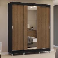 Guarda-roupa Casal Com Pés 3 Portas De Correr Com Espelho Preto Rustic Reno Madesa - 10