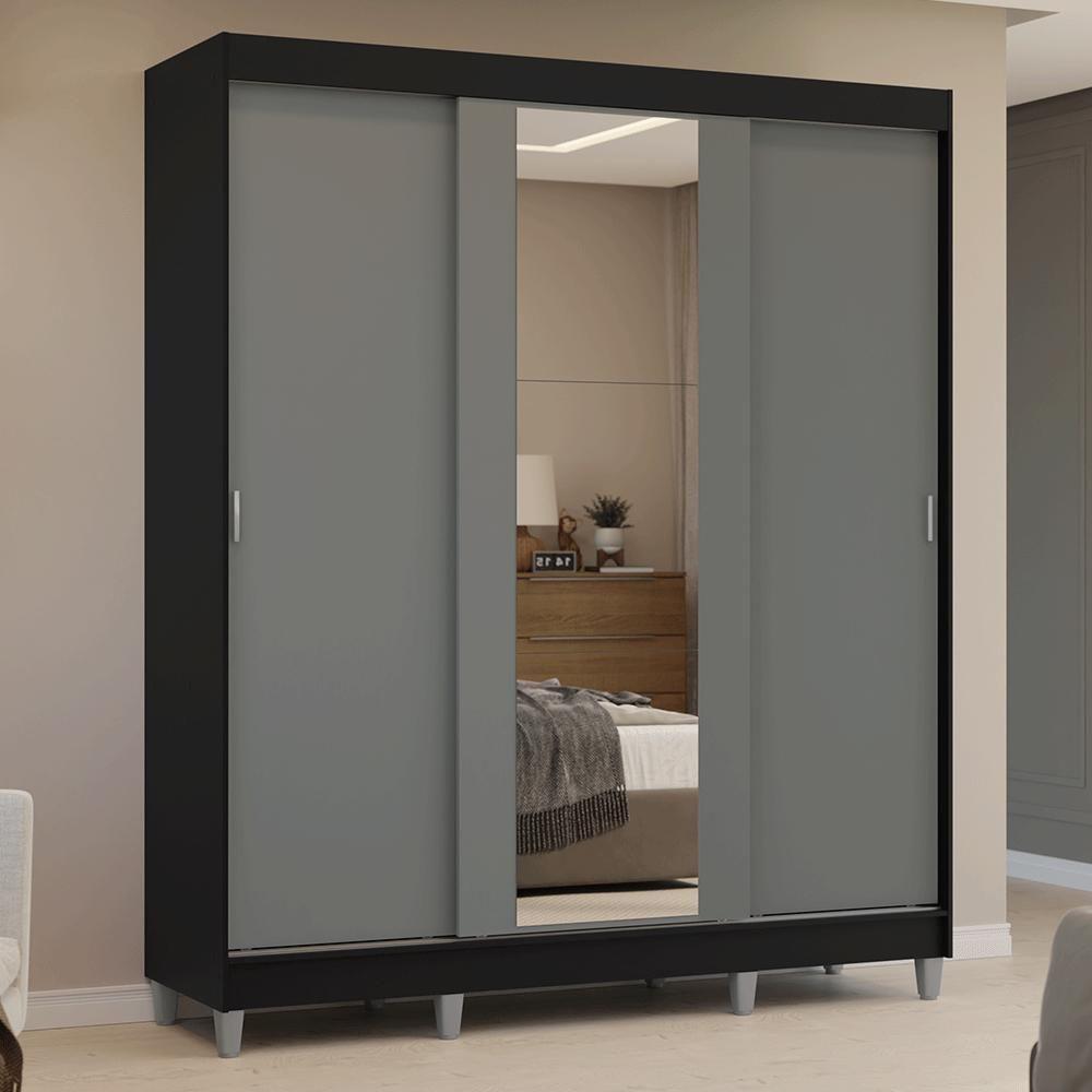 Guarda-roupa Casal Com Pés 3 Portas De Correr Com Espelho Preto Cinza Reno Madesa - 10
