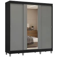 Guarda-roupa Casal Com Pés 3 Portas De Correr Com Espelho Preto Cinza Reno Madesa - 2