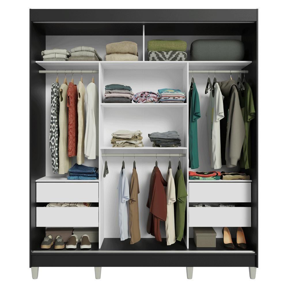 Guarda-roupa Casal Com Pés 3 Portas De Correr Com Espelho Preto Branco Reno Madesa - 2