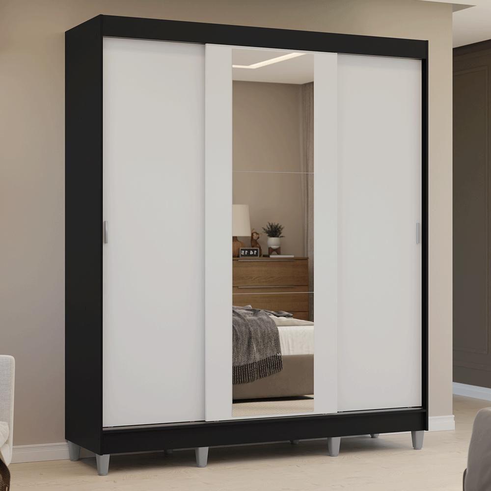 Guarda-roupa Casal Com Pés 3 Portas De Correr Com Espelho Preto Branco Reno Madesa - 5