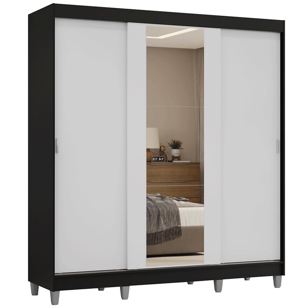 Guarda-roupa Casal Com Pés 3 Portas De Correr Com Espelho Preto Branco Reno Madesa - 6