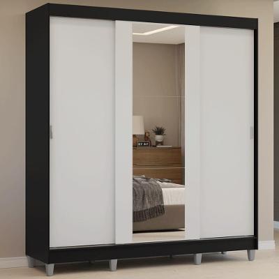 Guarda-roupa Casal Com Pés 3 Portas De Correr Com Espelho Preto Branco Reno Madesa