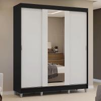 Guarda-roupa Casal Com Pés 3 Portas De Correr Com Espelho Preto Branco Reno Madesa - 5