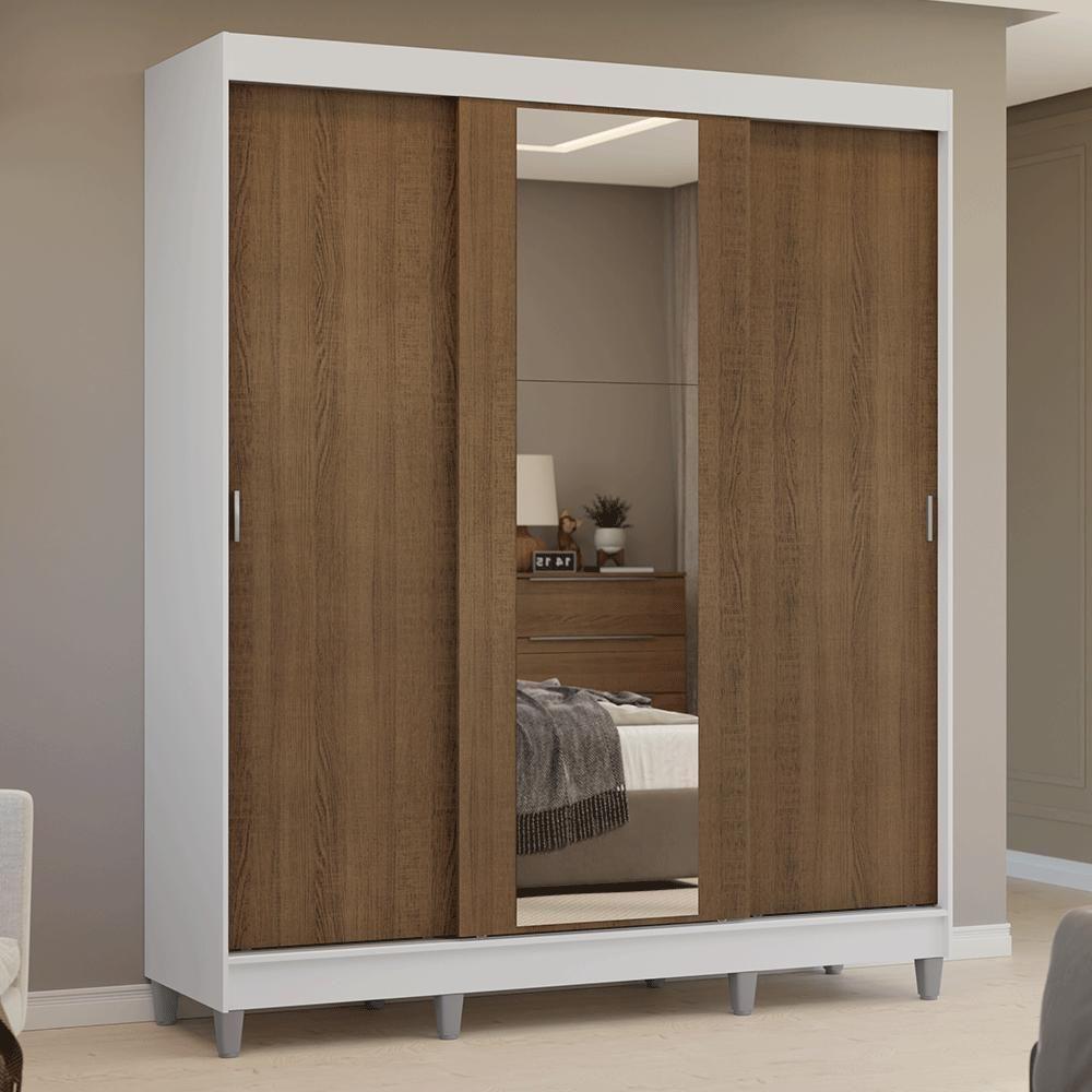 Guarda-roupa Casal Com Pés 3 Portas De Correr Com Espelho Branco Rustic Reno Madesa - 10