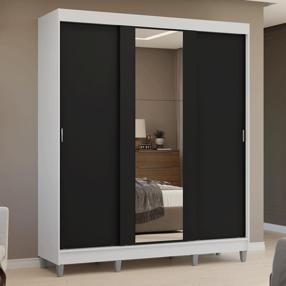 Guarda-roupa Casal Com Pés 3 Portas De Correr Com Espelho Branco Preto Reno Madesa - 2