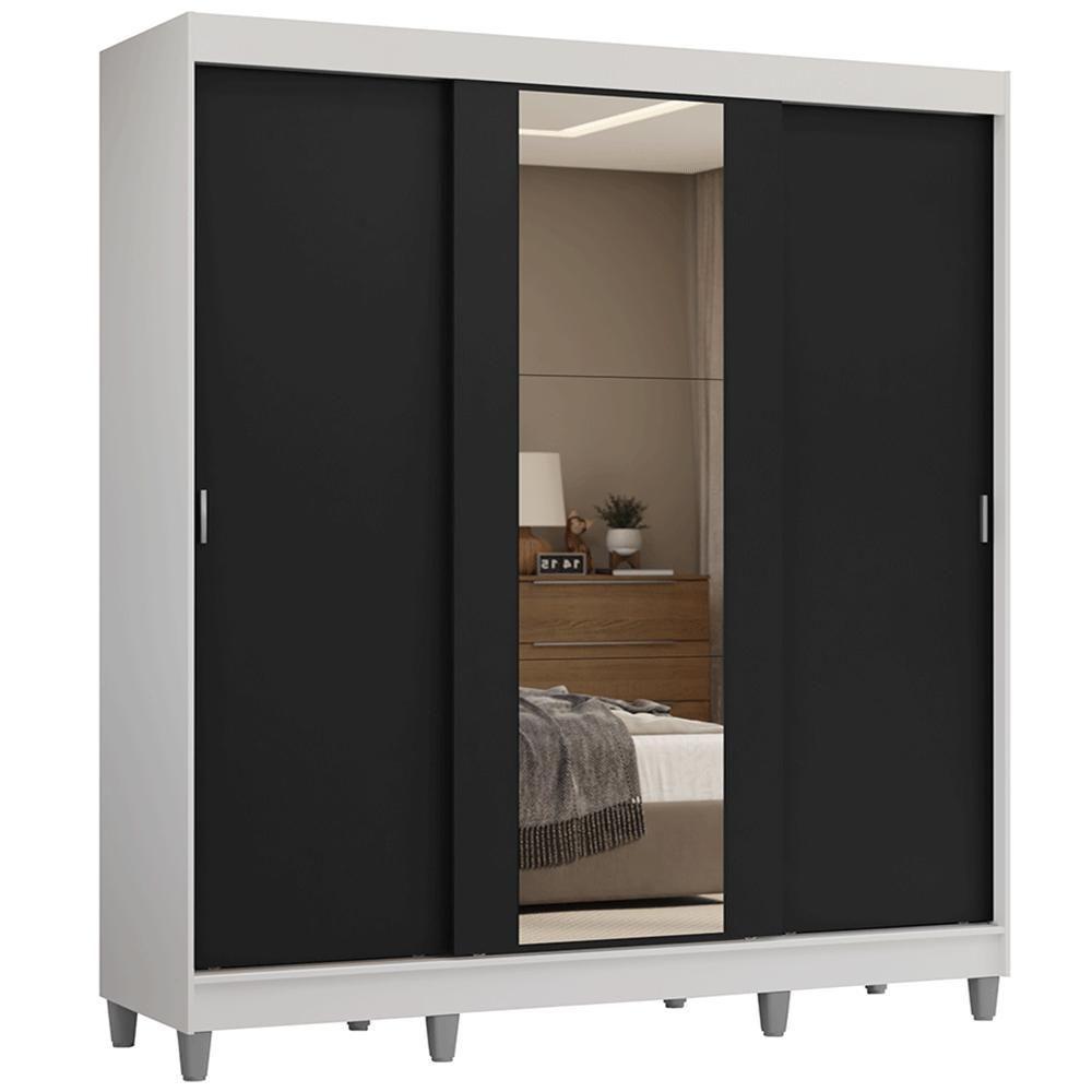 Guarda-roupa Casal Com Pés 3 Portas De Correr Com Espelho Branco Preto Reno Madesa - 3
