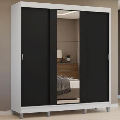 Guarda-roupa Casal Com Pés 3 Portas De Correr Com Espelho Branco Preto Reno Madesa