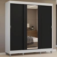 Guarda-roupa Casal Com Pés 3 Portas De Correr Com Espelho Branco Preto Reno Madesa - 1