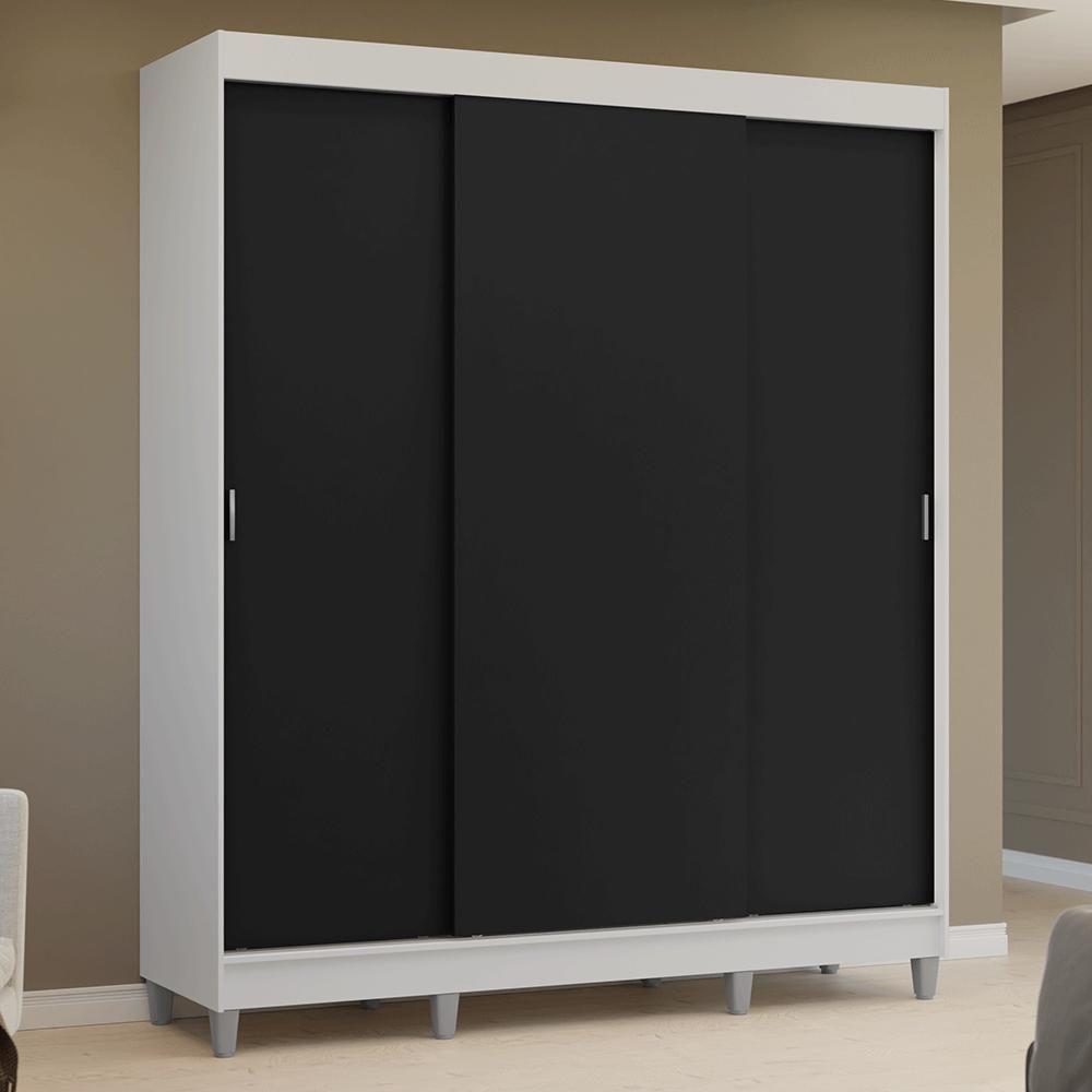 Guarda-roupa Casal Com Pés 3 Portas De Correr Branco Preto Reno Madesa - 10