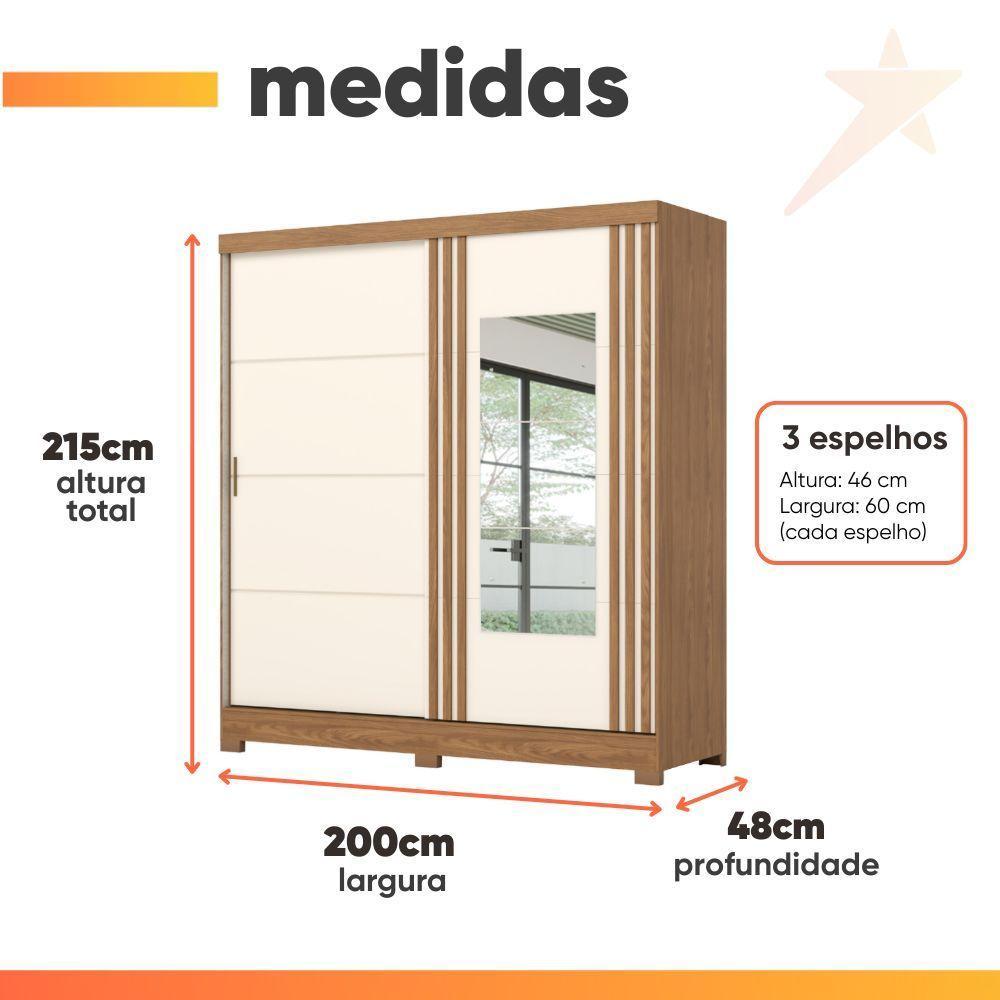 Guarda Roupas Casal 2 Portas De Correr Com Espelho Ripado 3 Gavetas Jasmim Madeirado/off White - 3