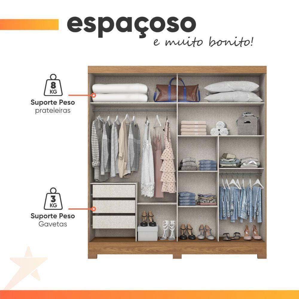Guarda Roupas Casal 2 Portas De Correr Com Espelho Ripado 3 Gavetas Jasmim Madeirado/off White - 5