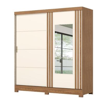 Guarda Roupas Casal 2 Portas De Correr Com Espelho Ripado 3 Gavetas Jasmim Madeirado/off White