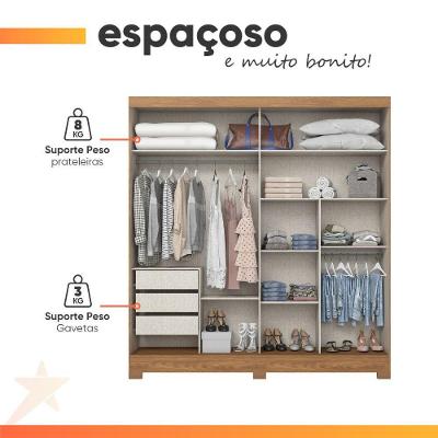 Guarda Roupa Casal Jasmim 2 Portas de Correr 3 Gavetas Madeirado-off White Henn