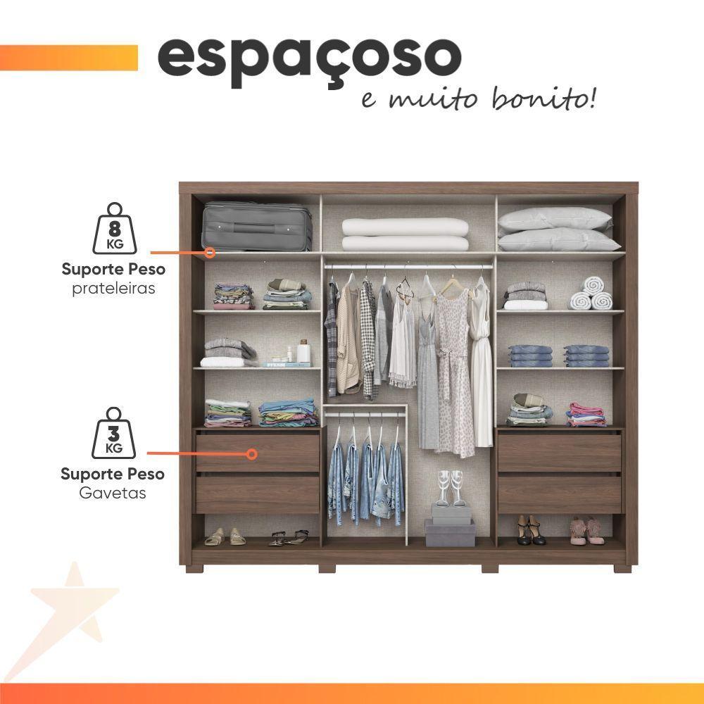 Guarda Roupas Casal 2 Portas De Correr Com Espelho 4 Gavetas Lirio Castanho - 2