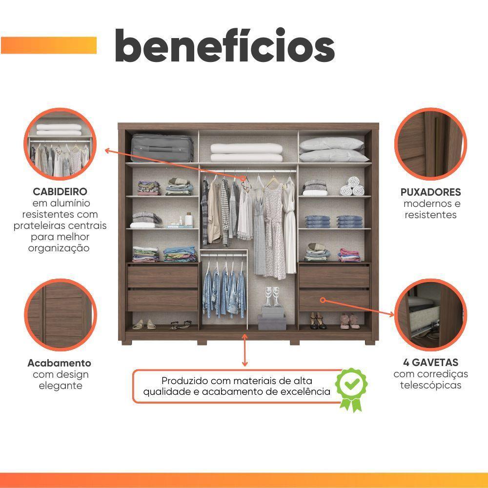 Guarda Roupas Casal 2 Portas De Correr Com Espelho 4 Gavetas Lirio Castanho - 9