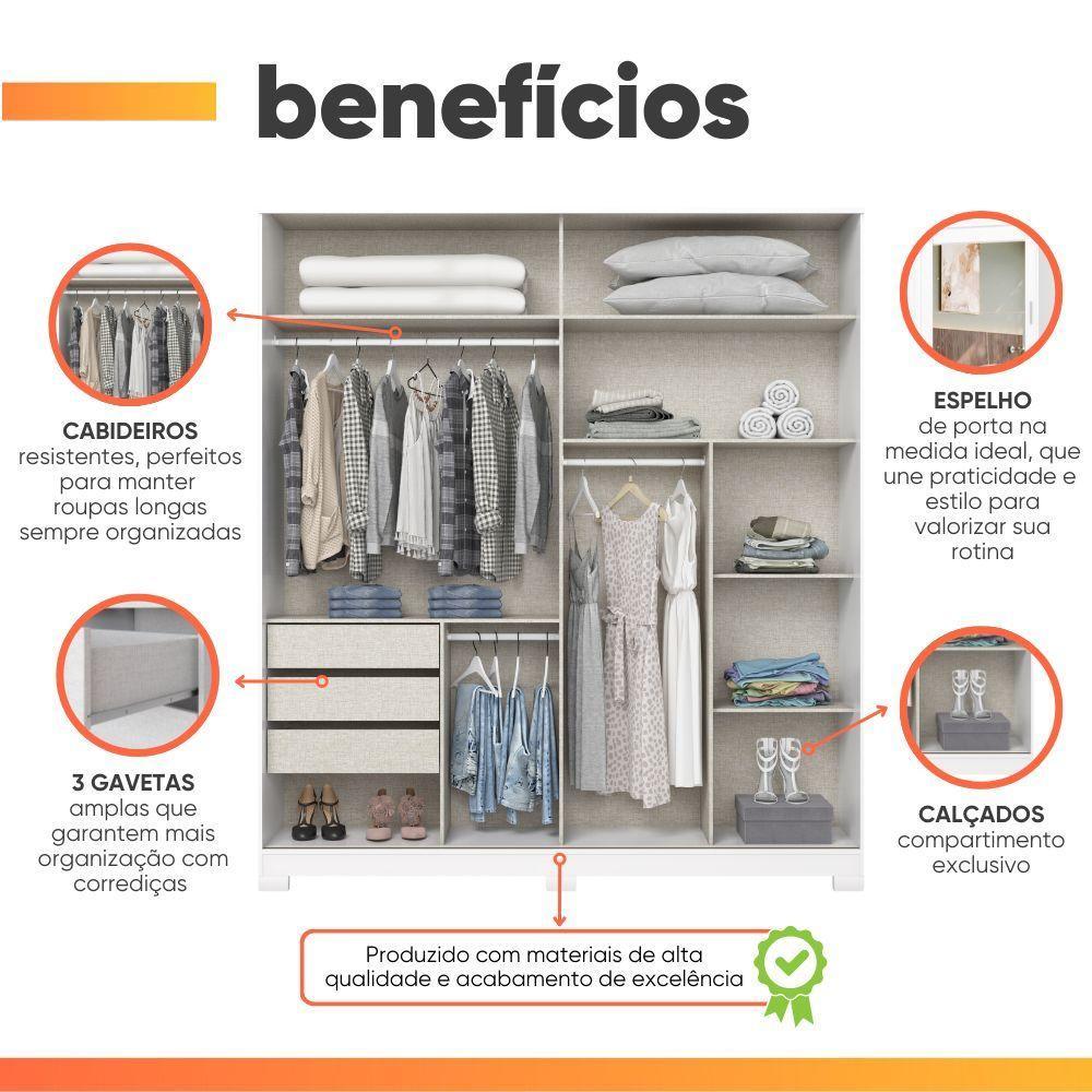 Guarda Roupas Casal 2 Portas De Correr Com Espelho 3 Gavetas Dalia Branco - 4