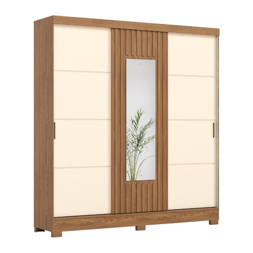 Guarda Roupas Casal 3 Portas De Correr Com Espelho Ripado 2 Gavetas Lotus Madeirado/off White - 1