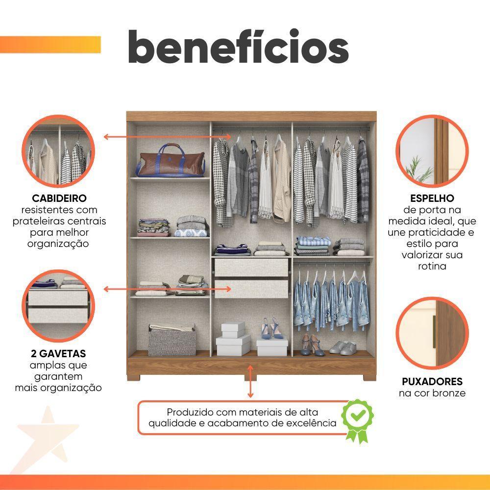 Guarda Roupas Casal 3 Portas De Correr Com Espelho Ripado 2 Gavetas Lotus Madeirado/off White - 2